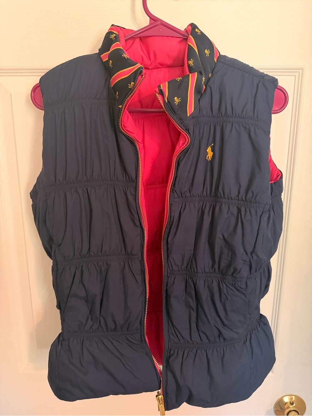 Polo Ralph Lauren Reversible Puffer Vest Navy Blue Pink Size Small